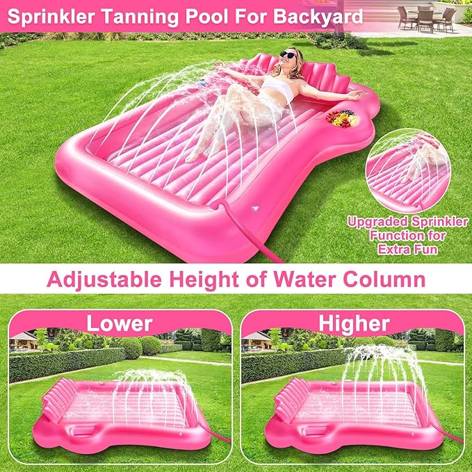Inflatable Tanning Pool Lounger Float with Sprinkler, 83" x 63" Extra Large Pool Floats Adult with Pillow Cooler Tray, 6 in 1 Suntan Tub Raft Floatie Sunbathing Bed Water Summer Backyard Fun XL-Pink