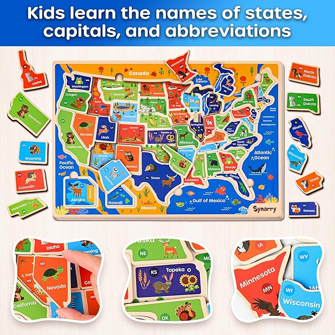 SYNARRY Large USA World Solar System Wooden Puzzles for Kids Ages 4-6, Wood Jigsaw Puzzles Educational Games Toys Gifts for Toddlers, Learning United States World Space Maps for Boys Girls Ages 3-8