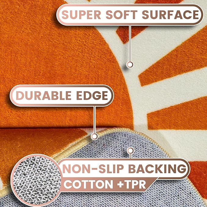 Washable 4Ft Round Sun Area Rug for Living Room, Brown Sun Modern Abstract Boho Circle Rugs, Ultra Thin Low Pile Lightweight Indoor Carpet Mat with Non-Slip Backing for Bedroom Kids Nursery Play Room