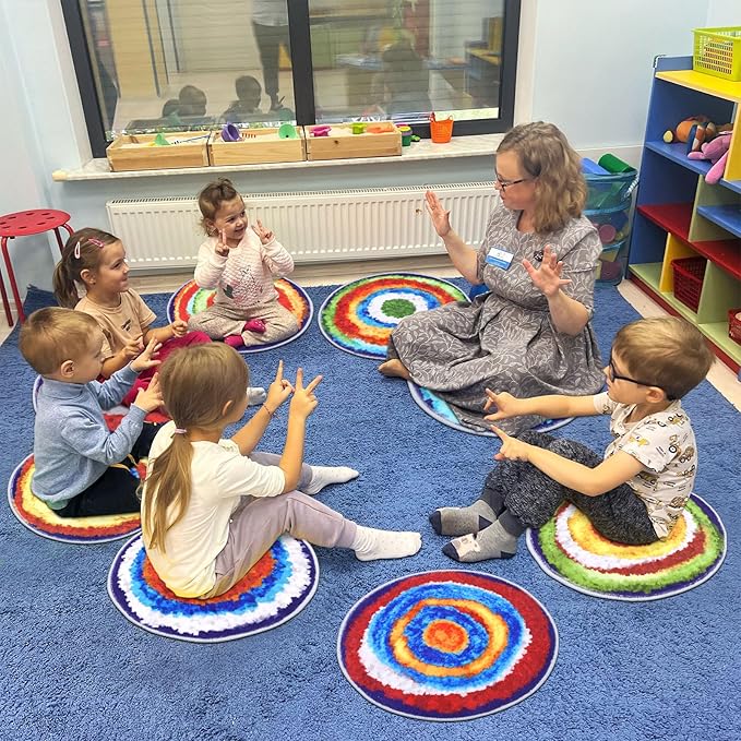 HiiARug Carpet Circles Kids Rug 16Inch Rainbow Crazy Carpet Circle Seats Preschool Classroom Accessories 12pcs Round Flexible Seats Group Activity Spots Marker for Classroom Kindergarden Playroom