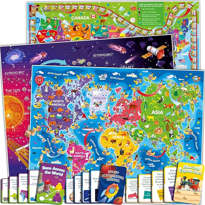 QUOKKA 3X Set Learning Board Games for Kids 6-8 - Educational Trivia Cards Ages 8-12 - Travel United States - World Map - Explore Outer Space - Gift for Children and Teens 4-8 - Floor Puzzles