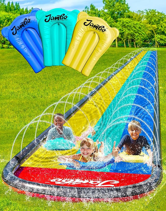 JAMBO 20Ft XL Premium 3 Lane Slip Splash and Slide with 3 Bodyboards, Heavy Duty Water Slide- Advanced 3-Way Water Sprinkler System, Backyard Waterslide Outdoor Water Toys n Slides for Kids Splash Pad