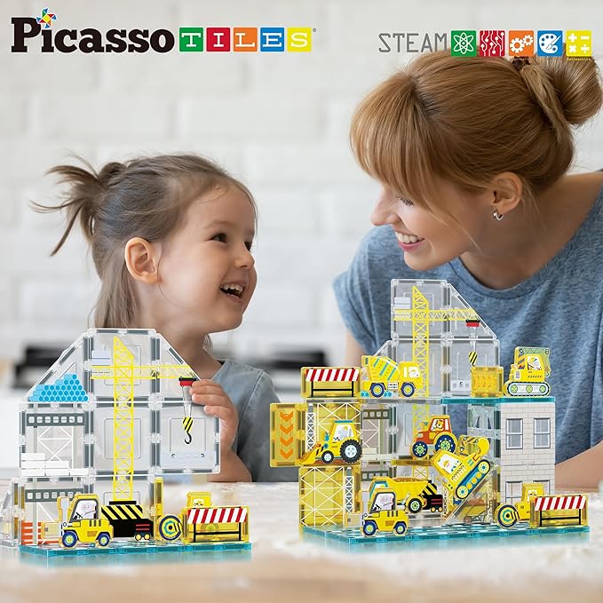 PicassoTiles Magnet Tiles Magnetic Building Blocks with 8 Construction Vehicles Crank Truck Excavator Bulldozer Road Roller Concrete Mixer Tractor Dump Truck Forklift Toys Learning Kids Ages 3+ PTQ11