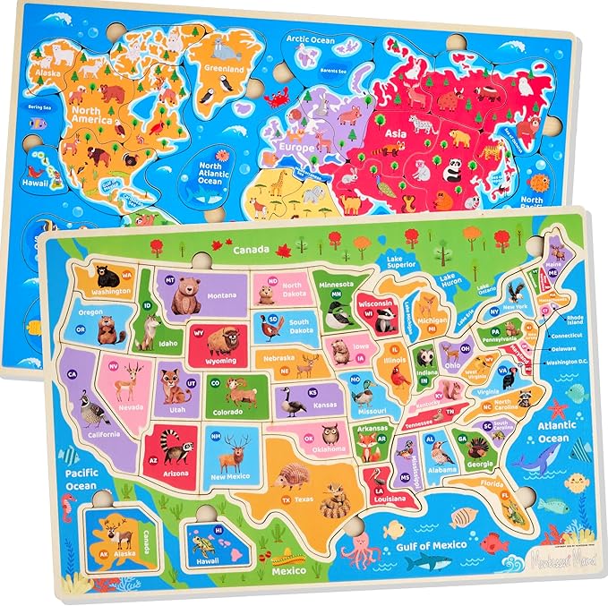 Montessori Mama Wooden Puzzles for Kids Ages 4-6, USA States and Capitols, World Continents and Oceans Kids Puzzles, Combo Set 2 Toddler Puzzles