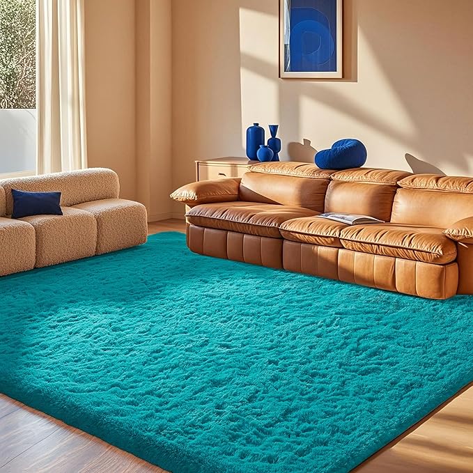 Ophanie Teal Rugs for Bedroom Living Room, Fluffy Fuzzy Furry Carpet, Plush Soft Shaggy Bedside Indoor Floor 4x6 Area Rug for Kids Girls Boys Baby Teen Dorm Nursery Home Decor Aesthetic