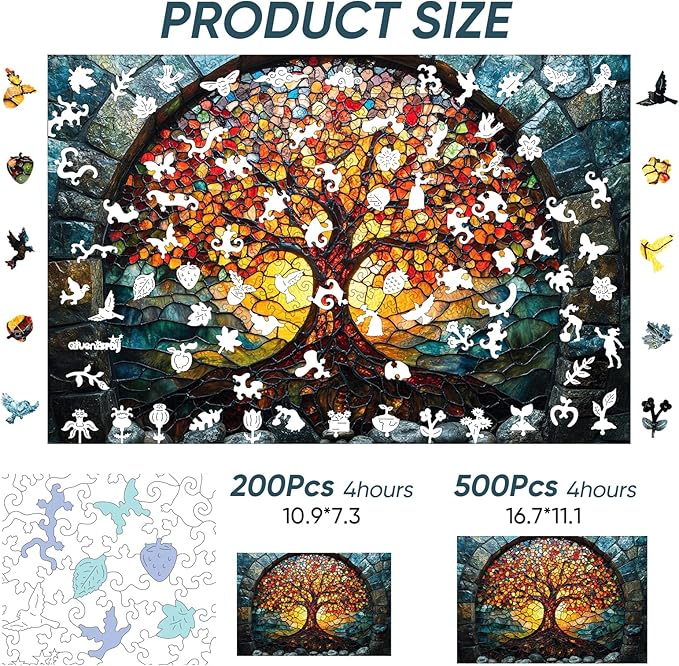 Wooden Puzzles for Adults, Mosaic Tree of Life Jigsaw Puzzles 200pcs, Medium, Unique Shape Adult Puzzles, Irregular Creative Gift for Family Game(10.9 * 7.3 in)