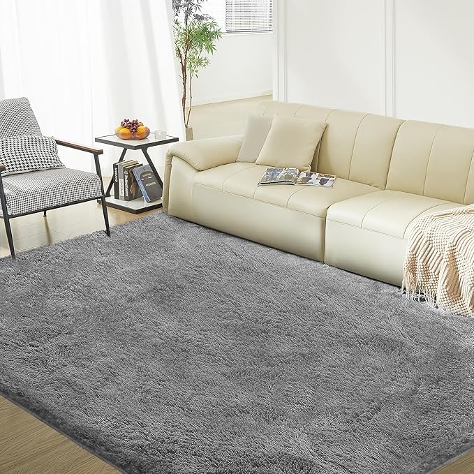 Ultra Soft Rug for Living Room, 8X10 Grey Fluffy Shag Area Rug for Bedroom, Modern Shaggy Carpets Fuzzy Rug for Teens Dorm Nursery Home Decor Aesthetic, Upgrade Anti-Skid Durable