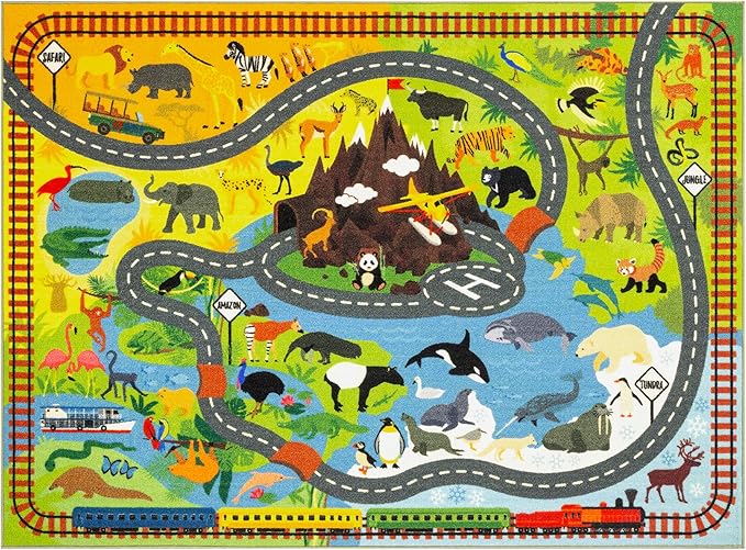 KC Cubs Playtime Collection Animal Safari Road Map Learning and Game Area Carpet for Kids and Children Bedrooms and Playroom (5' 0" x 6' 6") Educational Rug, 5 ft x 6 ft (6 in), Multi