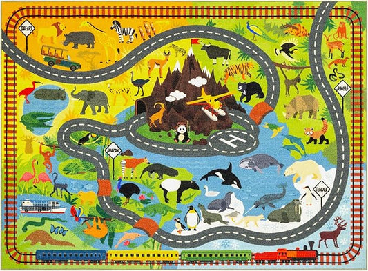 KC Cubs Playtime Collection Animal Safari Road Map Educational Learning & Game Area Rug Carpet for Kids and Children Bedrooms and Playroom (3' 3" x 4' 7")