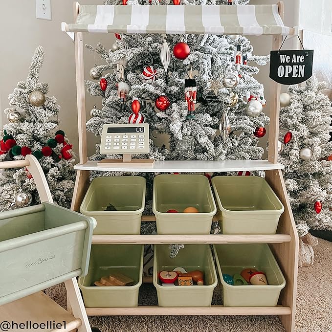 Teamson Kids Little Helper Wooden Farmer's Market Stand with Pretend Cash Register and 6 Plastic Storage Bins, Green, TD-13638A-AMZ