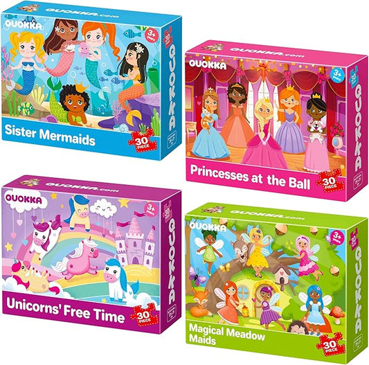 QUOKKA Puzzles for Toddlers 3-5 - 4 x 30 Pieces Puzzles for Kids Ages 2-4 - Meadow Girls Learning Jigsaw Puzzles for Kids 4-6 Years Old - Educational Toys for Boy and Girl