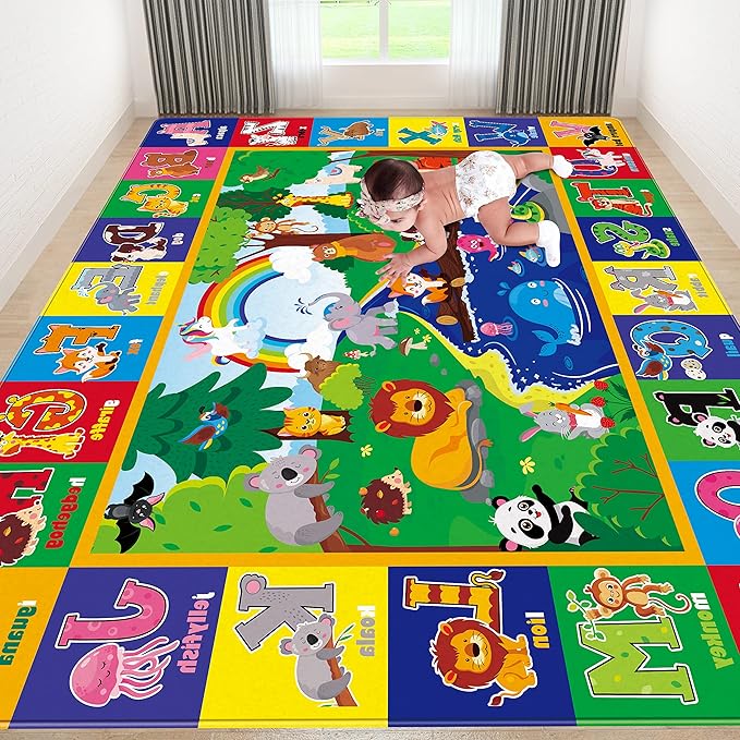 Kids Play Rug - Animals Print Baby Floor Mat, ABC Educational Area Rug for Nursery & Playroom, Soft Non-Toxic Crawling Tummy Time Mat (Green, 78.7X59 INCH)
