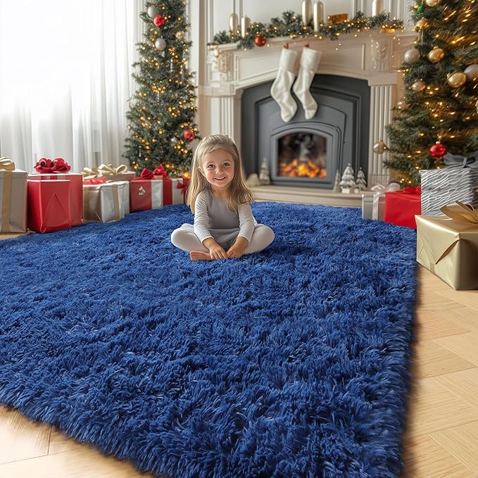 Amdrebio Navy Blue Area Rugs for Boys Bedroom, 5x8 Shag Fluffy Furry Plush Rug for Kids Room, Living Room Decor Aesthetic, Cool Royal Dark Blue Carpet for Baby Nursery Classroom Office Dorm Playroom
