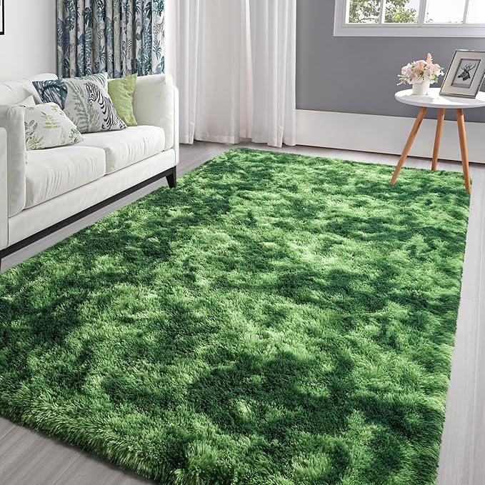 Pettop Large Shag Area Rug, 6x9 Tie-Dyed Plush Fuzzy Rugs for Living Room, Ultra Soft Shaggy Rugs for Bedroom, Non-Slip and Washable Indoor Carpet for Girls Kids Room Home Decor, Dark Green
