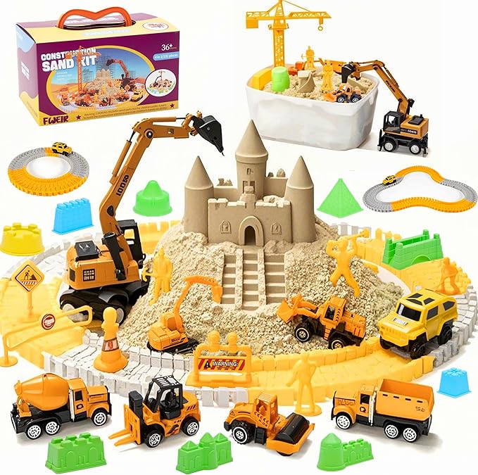 Sand Construction Kit, 2.8lbs Play Sand with Sandbox, 1 Toy Mat 8 Alloy Construction Trucks Race Tracks 10 Sand Molds Sensory Bin Toys for Toddlers Boys Girls Ages 3-8