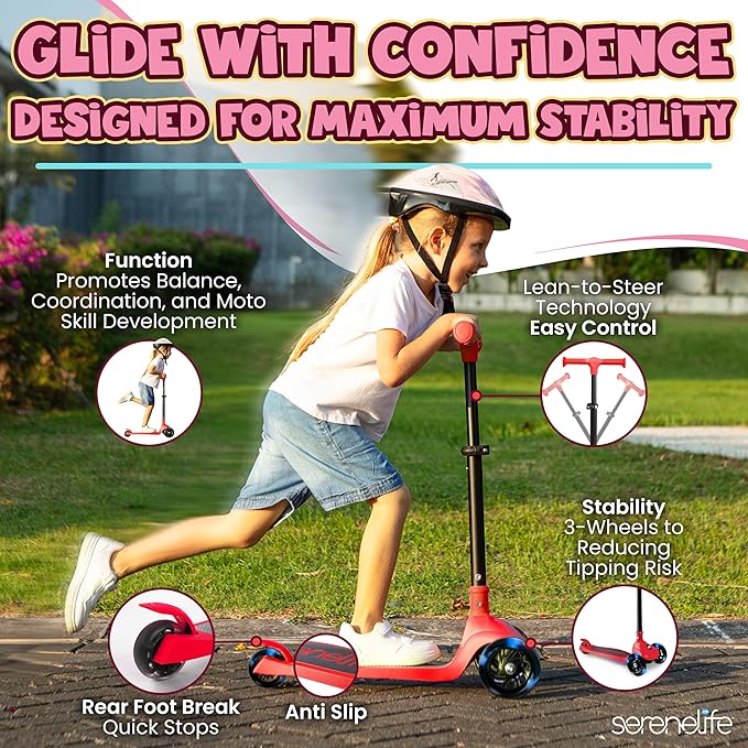 SereneLife 3 Wheel Foldable Kids Scooter - Foldable Seat, LED Wheel Lights, Adjustable Handlebar, Rear Foot Brake, Lean-to-Steer, Anti-Slip Deck, Ideal for Toddlers Kids 3+, up to 110Lbs