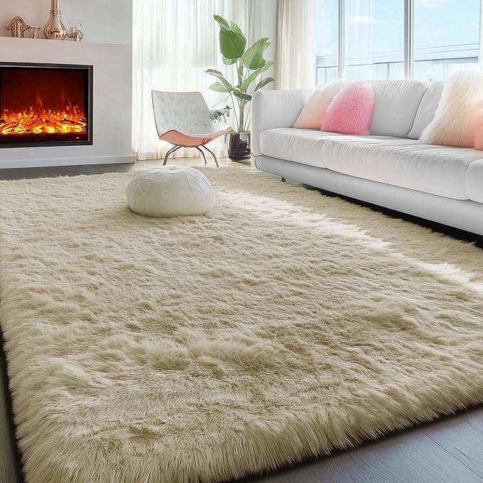 PAGISOFE Fluffy Large Living Room 8x10 Area Rugs,Fuzzy Shag Shaggy Rug Soft Plush Fur Beige Carpet for Room Decor,Indoor Modern Rugs for Living Room Bedroom Dorm Kids Room Decor Nursery Beige Rug