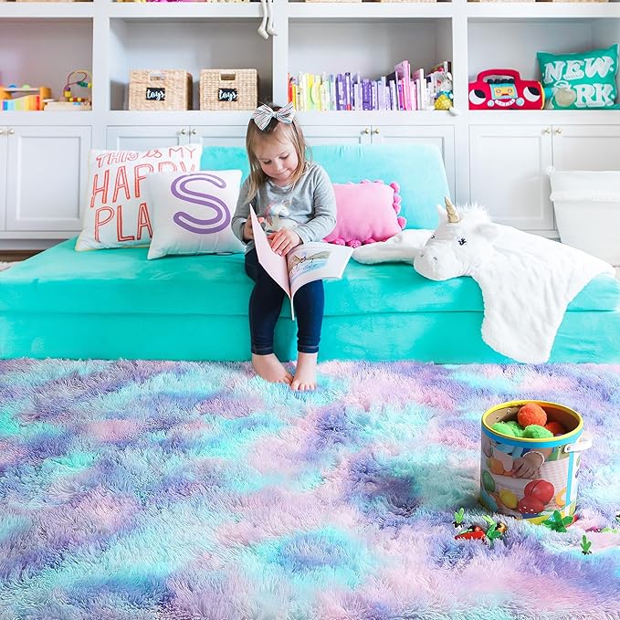 PAGISOFE Cute Furry Pastel Rug for Girls Bedroom, Soft Purple Shag Tent Rugs for Livingroom, Kids Room, Playroom, Nursery, Home Decor, Plush Mermaid Kawaii Rug, Fluffy Fuzzy Carpet, 4x6 Area Rug
