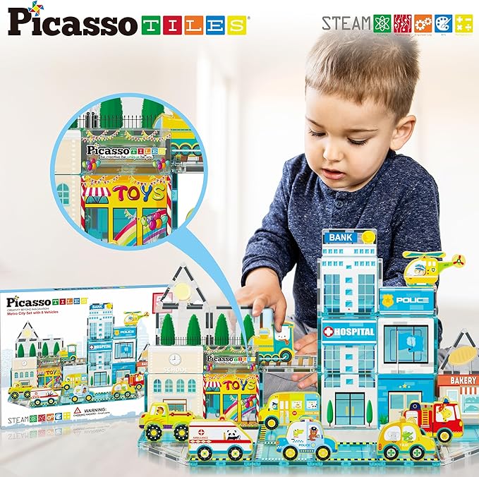 PicassoTiles Magnetic Building Blocks Metro City Town Hospital Theme Toddler Magnet Toys Tiles Play Set with 8 Vehicle Train Truck Character Action Figures STEAM Learning Educational For Ages 3+ PTQ14