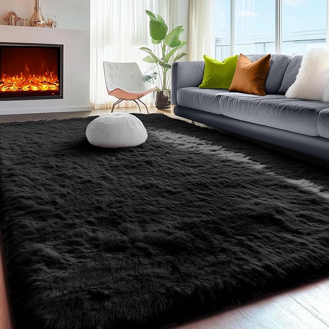 PAGISOFE 6x9 Fluffy Bedroom Rugs Black Modern Living Room Machine Washable Area Rug Fuzzy Shaggy Carpet Indoor Plush Nursery Rugs for Kids Room Furry Floor Rug for Boys Carpet for Teen Dorm Room Decor