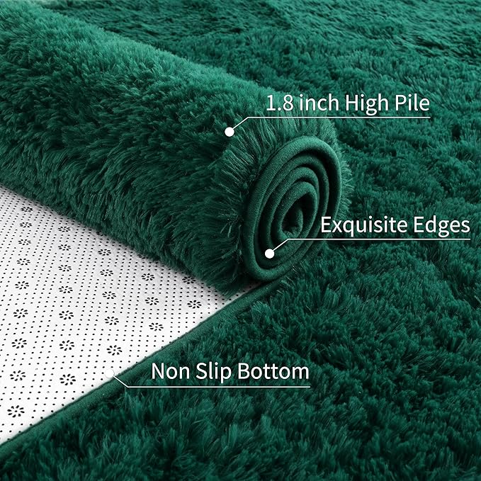 3x5 Dark Green Fluffy Bedside Area Rug Machine Washable, Small Shag Rugs Non Shedding for Living Room, Fluffy Carpet Anti Slip, Kids Playroom, Boy Girl Nursery
