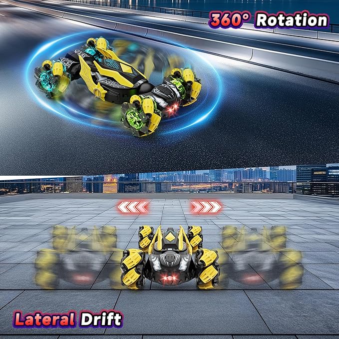 Remote Control Car Boys Toys: RC Cars 360°Flip 2.4Ghz Double Sided 4WD Transform Off Road for Rotating Hand & Remote Control Drift Stunt Cars Toy 6 7 8 9 10 11 12 Year Old Kids Girls (Yellow)