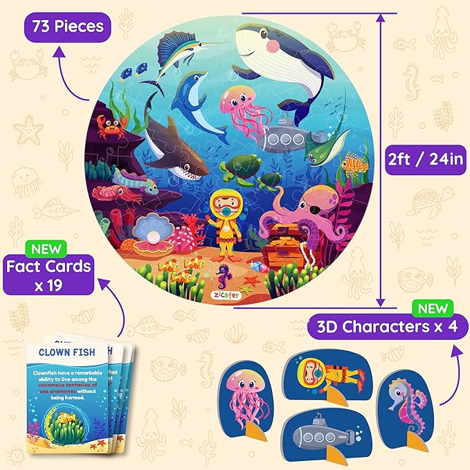 Jumbo 70 Piece Round Floor Puzzles for Kids Ages 3-5, 6-8, Large Jigsaw Puzzle with Educational Flash Cards and 3D Figures | Educational Gift (Underwater World)