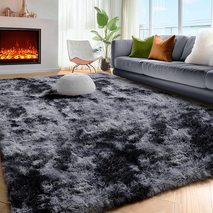 PAGISOFE Abstract Shaggy Area Rug 6x9 Feet,Plush Fluffy Rugs for Living Room,Tie-Dyed Grey Soft Rug for Bedroom,Furry Rugs for Girls Boys Kids Room,Extra Large Fuzzy Rug, Shag Carpets for Room Decor
