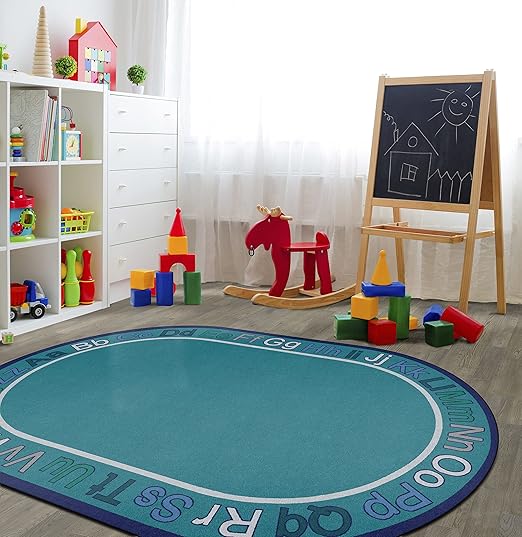Flagship Carpets Know Your ABCs Educational Oval Area Rug for Home Learning or Classroom Mat, Kids Room or Playroom Carpet, 7'6" x 12',Cool Blue