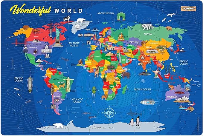 Zigyasaw World Map Puzzle Game - 54 Piece Floor Puzzles for Kids Ages 4-8+ - Educational Geography Game with Quiz Cards - Learning and Intellectual Development Jigsaw Puzzles