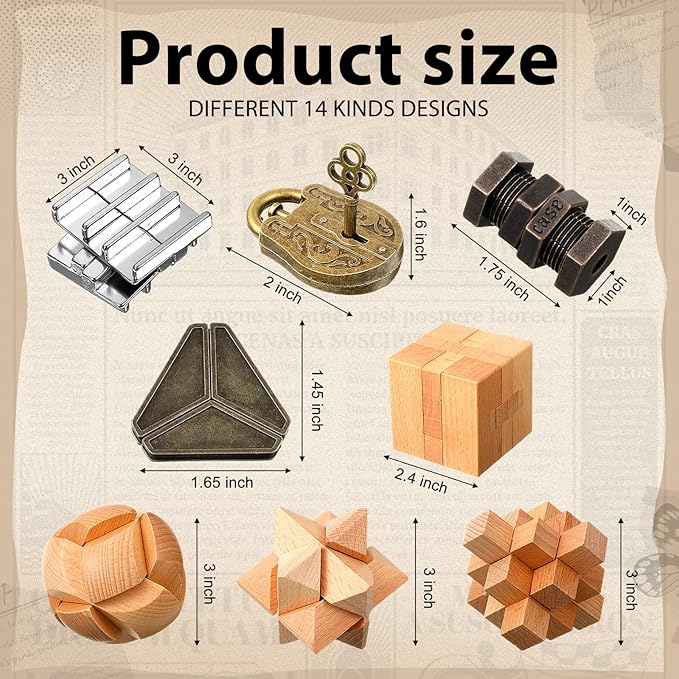 Syhood 14 Pcs Brain Puzzles Teaser for Adults Metal 3D Steel Mind Games Wooden Unlock Interlocking Puzzle Adult Iq Education Toys Smart Toy(Educational)