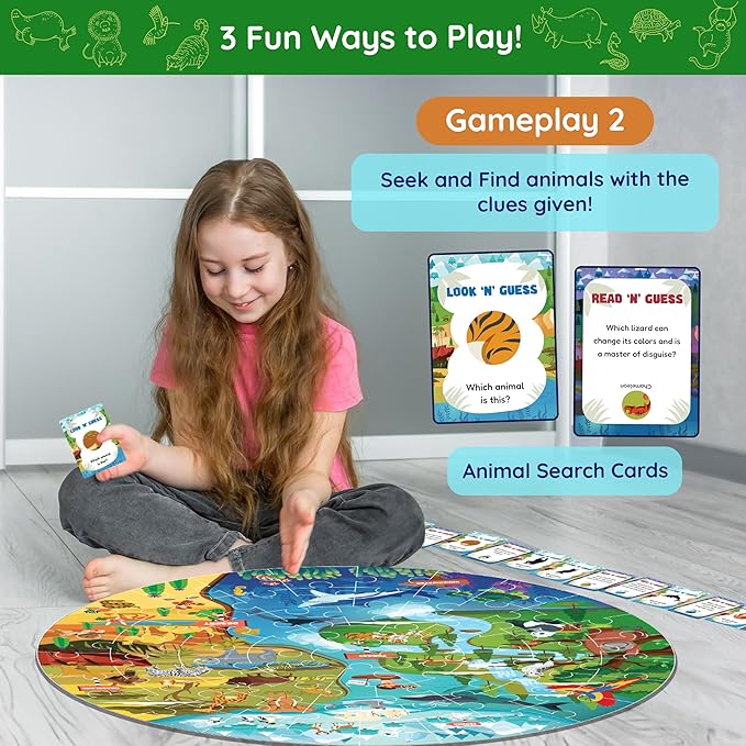 Jumbo 70 Piece Round Floor Puzzles for Kids Ages 3-5, 6-8, Large Jigsaw Puzzle with Educational Flash Cards and 3D Figures | Educational Gift (Animal Safari)