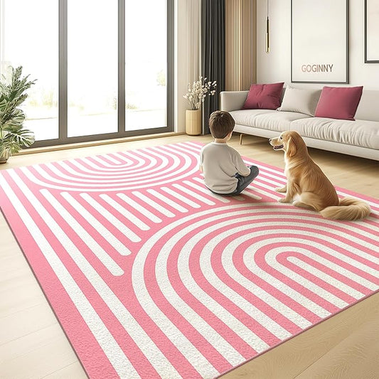 Washable 5x7 Abstract Area Rug for Living Room, Pink Rainbow Modern Boho Throw Rugs, Soft Ultra-Thin Low Pile Stain Resistant Nonslip Indoor Large Carpet for Office Dining Bedroom Playroom Classroom