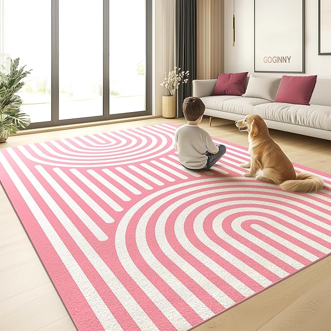 Washable 4x6 Abstract Area Rug for Living Room, Pink Rainbow Modern Minimalist Boho Throw Rugs, Ultra-Thin Low Pile Stain Resistant Nonslip Indoor Large Carpet for Office Bedroom Playroom Classroom