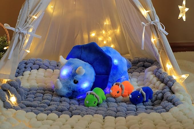 Hopearl LED Musical Stuffed Dinosaur Playset Lighting Up Singing Plush Toy Mommy Triceratops with 3 Babies in her Tummy Adjustable Volume Lullaby Animated Soothe Gifts for Toddlers Boys, Blue, 15”