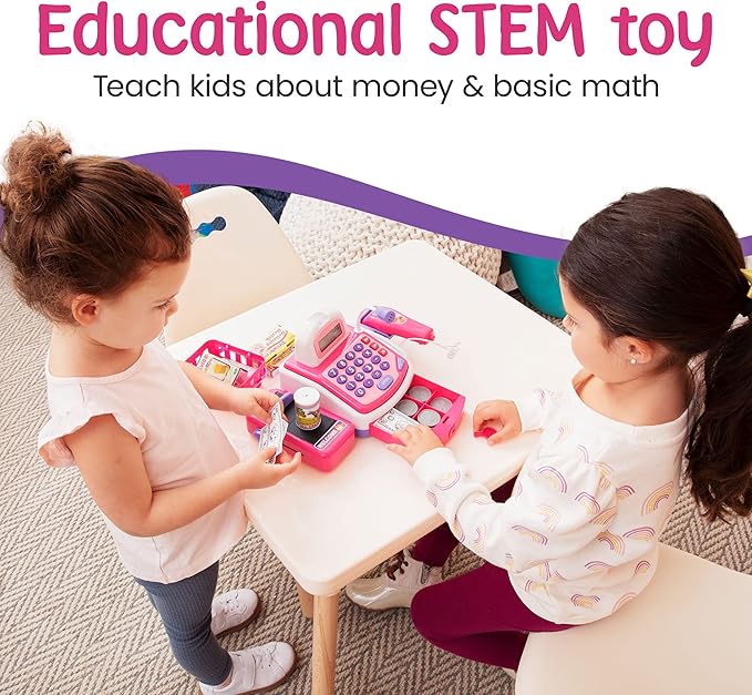 PREXTEX Pretend and Play Electronic Toy Cash Register, Shopping Till Includes Play Money, Scanner, Calculator, Mic Speaker for Kids, Great Gift for 3+ Year Old Girls and Boys