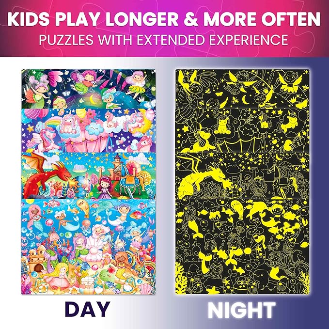 QUOKKA 4x60 Piece Puzzles for Kids Ages 4-6 – Glow-in-The-Dark Puzzles for Kids 4-8 I Unicorns, Mermaids, Fairy Tale I Fun Educational Toddler Puzzle for Boys and Girls – Educational Game Toys Gift