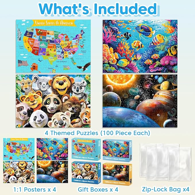 4 Pack 100 Piece Puzzles for Kids Ages 4-6 - Jigsaw Puzzles for Kids Ages 6-8 8-10 100 Piece Jigsaw Puzzle for Adults Toddler Children Learning Educational Puzzles Toys Gifts for Girls Boys