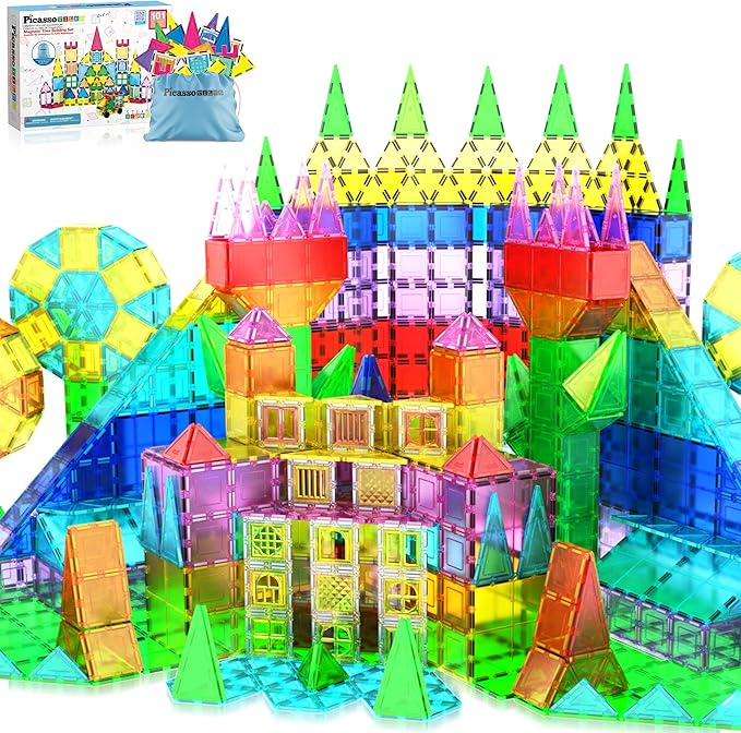 PicassoTiles Magnetic Tiles 101pc Magnet Tile Building Blocks Construction Sensory Toy Set with Storage Carry Case Drawstring Bag STEM Kids Learning Educational Pretend Play Boy Girl Ages 3+ & Up PT06