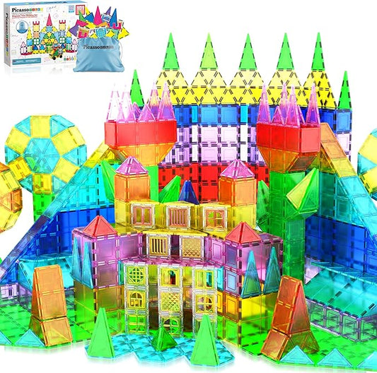 PicassoTiles Magnetic Tiles 101pc Magnet Tile Building Blocks Construction Sensory Toy Set with Storage Carry Case Drawstring Bag STEM Kids Learning Educational Pretend Play Boy Girl Ages 3+ & Up PT06