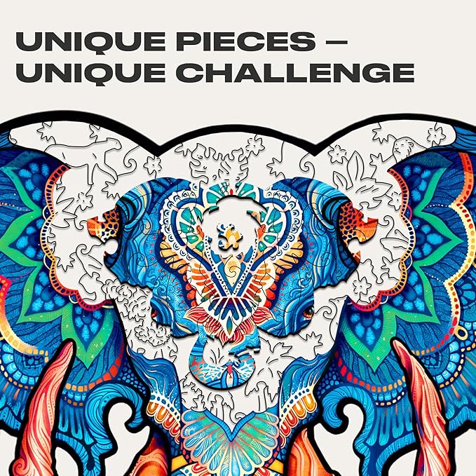 UNIDRAGON Original Wooden Jigsaw Puzzles - Eternal Elephant, 194 Pieces, Medium Size 13"x10", Beautiful Gift Package, Unique Shape Best Gift for Adults and Kids