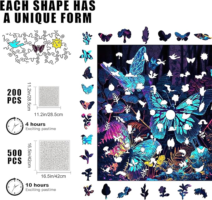 Wooden Puzzles, Butterfly Wooden Jigsaw Puzzles Glow in The Dark, 500 Pieces Unique Shaped Wooden Puzzles for Adults and Kids 16.5 x 16.5 Inch