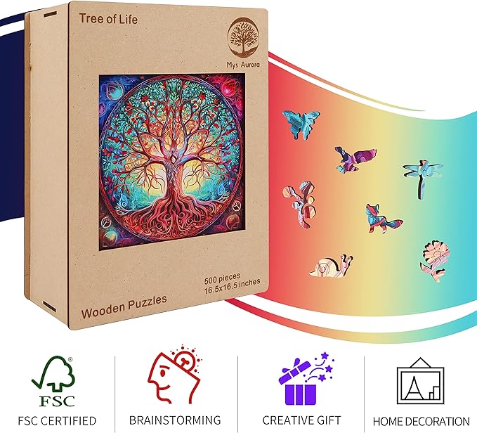 Wooden Puzzles, Mandala Tree of Life 200 Piece Puzzles for Adults and Kids, Unique Shaped Animal Wooden Jigsaw Puzzle for Birthday Gift, Family Game 11.2 x 11.2 Inch