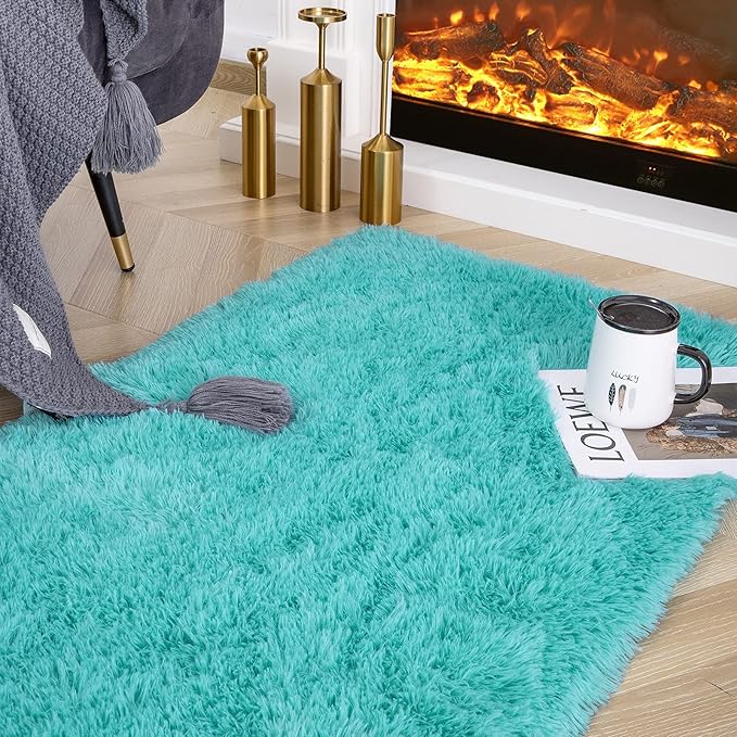 Ompaa Fluffy Runner Rugs, 2x6 Feet Teal Blue, Super Soft Shaggy Carpet Fuzzy Long Fur Rug for Bedroom Living Room Dorm, Plush Kids Playroom Baby Girls Nursery Decor Mats