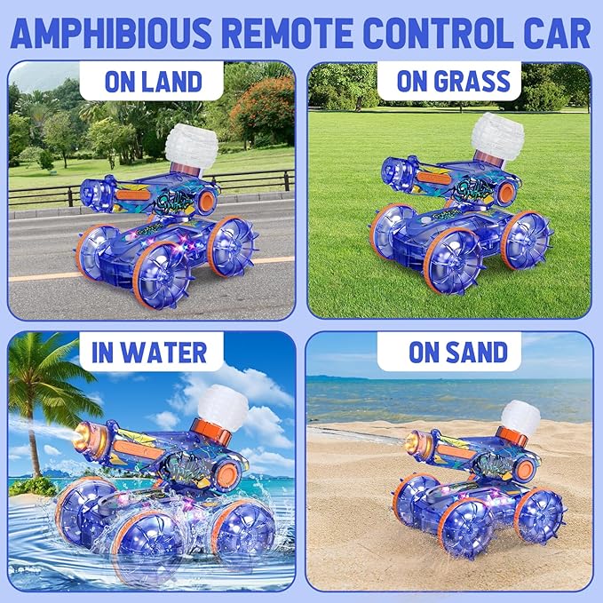 Amphibious Remote Control Car Toys - RC Stunt Car with Water Gun for Boys and Girls Age 8-12 | Remote Control Boat for Kids | Water & Land 4WD with Gesture Sensing, Lights, Waterproof, Rotation, Blue