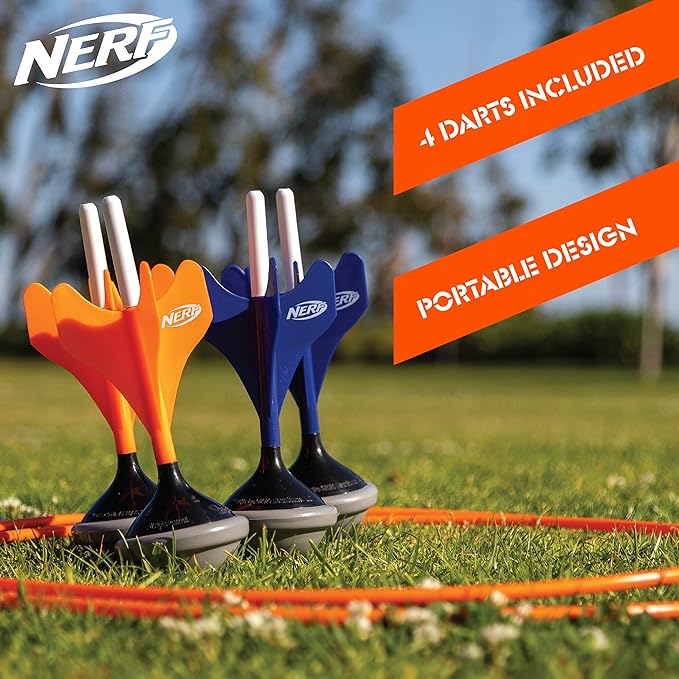 Nerf Soft Tip Lawn Dart Set, Outdoor Backyard Game for Kids & Adults, Includes 4 Lawn Darts, 2 Target Rings, Storage Bag, Fun & Safe Summer Activity for Beach, Yard, Camping, Pool