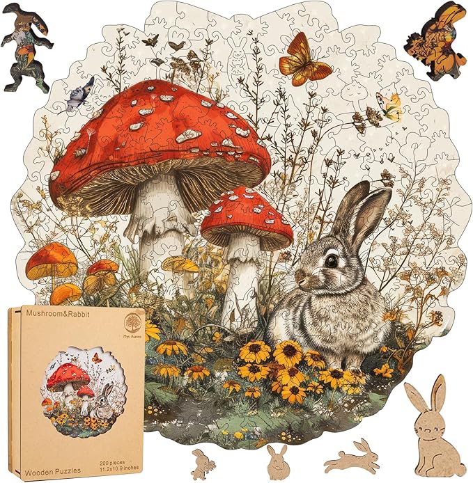 Rabbit Mushroom Wooden Jigsaw Puzzle for Adult and Kids 200 Pcs Unique Shape Multicolor Bunny Wood Box Fun Challenge Brain Teaser Family Game Creative Gift for Friends Rompecabezas Madera