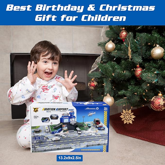 Airplane Toy Set with Trucks, Helicopter, Planes, Signs and Airport Playmat, Interactive Early Learning Toys for Boys Girls, Great Gift for Birthday
