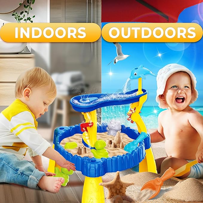 BELLOCHIDDO Water Table for Toddlers 1-2 - Summer Toys, 2-Tier Rain Showers Splash Pond for Outside Beach Backyard Summer, Activity Sensory Outdoor Play Table for Toddlers