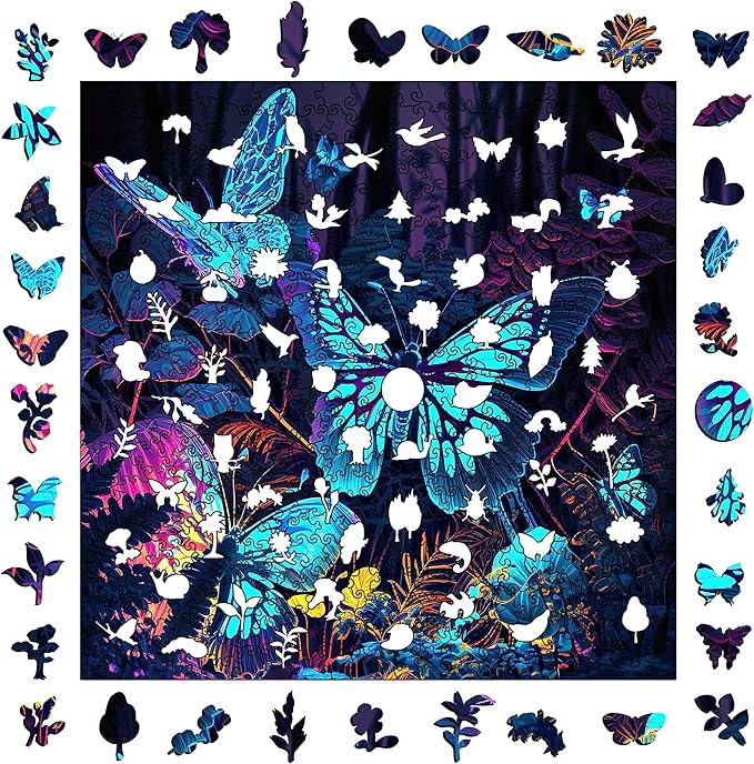 Wooden Puzzles, Butterfly Wooden Jigsaw Puzzles Glow in The Dark, 500 Pieces Unique Shaped Wooden Puzzles for Adults and Kids 16.5 x 16.5 Inch